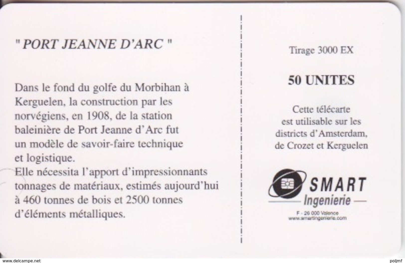 Télécarte 50U, Tirage 3000, Restauration De Port Jeanne D'Arc - TAAF - Territorios Australes Franceses