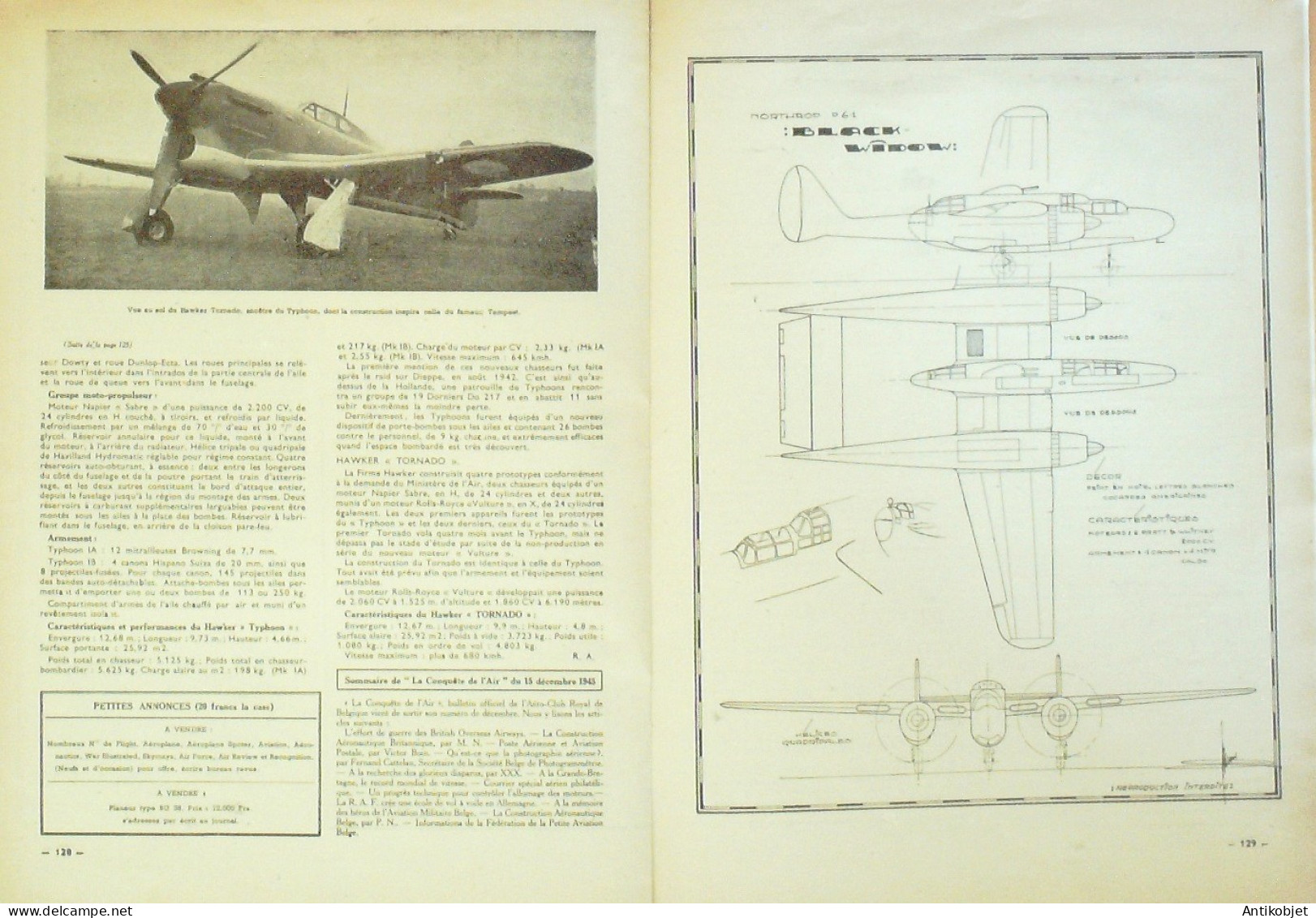 Pilote 1946 n° 7 Auster IV Hurribomber Grumman Tigercat F7F Mitsubishi Army 97 Sally