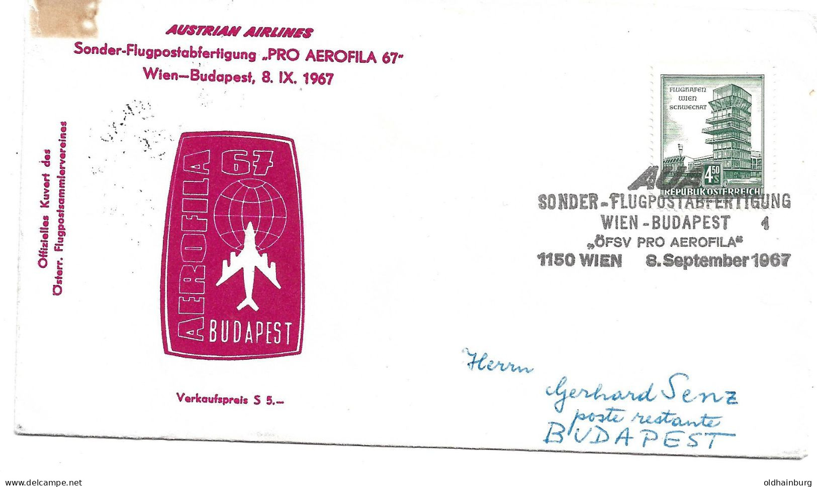 2243b: AUA- Sonderflugpost Zur Pro Aerofila 1967 Wien- Budapest - Covers & Documents