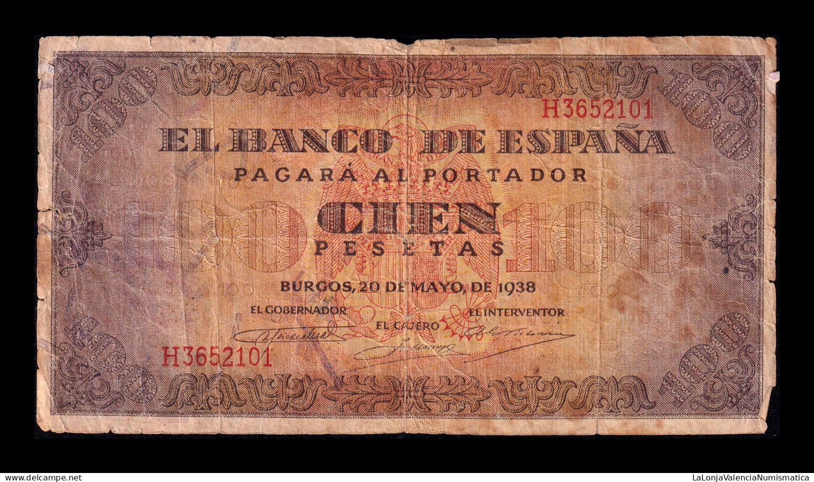 España Spain 100 Pesetas Burgos 1938 Pick 113 Serie H Bc F - 100 Pesetas