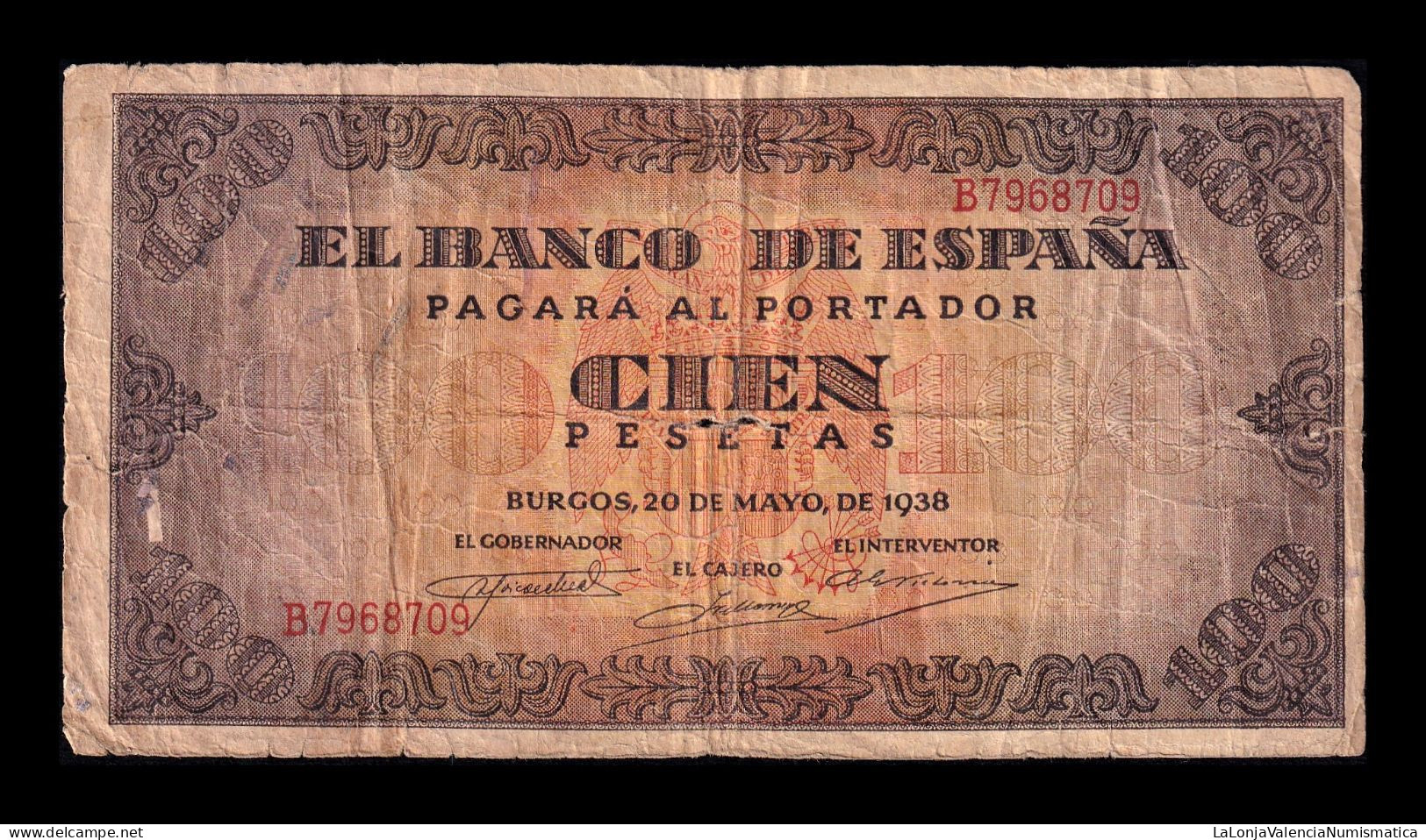 España Spain 100 Pesetas Burgos 1938 Pick 113 Serie B Bc F - 100 Pesetas