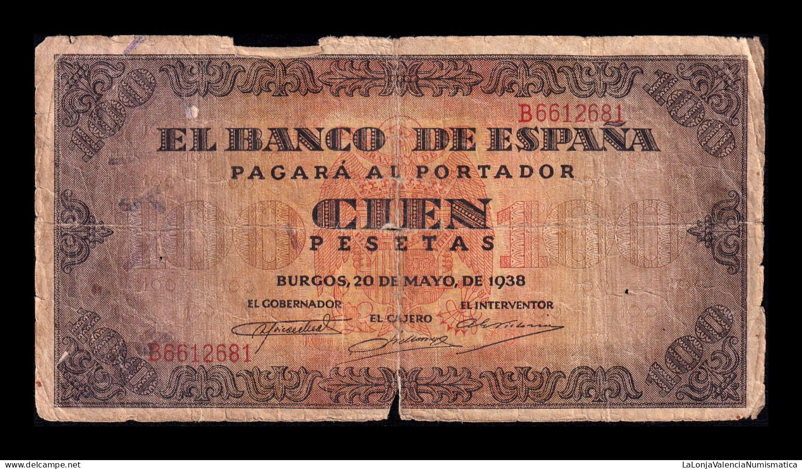 España Spain 100 Pesetas Burgos 1938 Pick 113 Serie B Bc F - 100 Pesetas