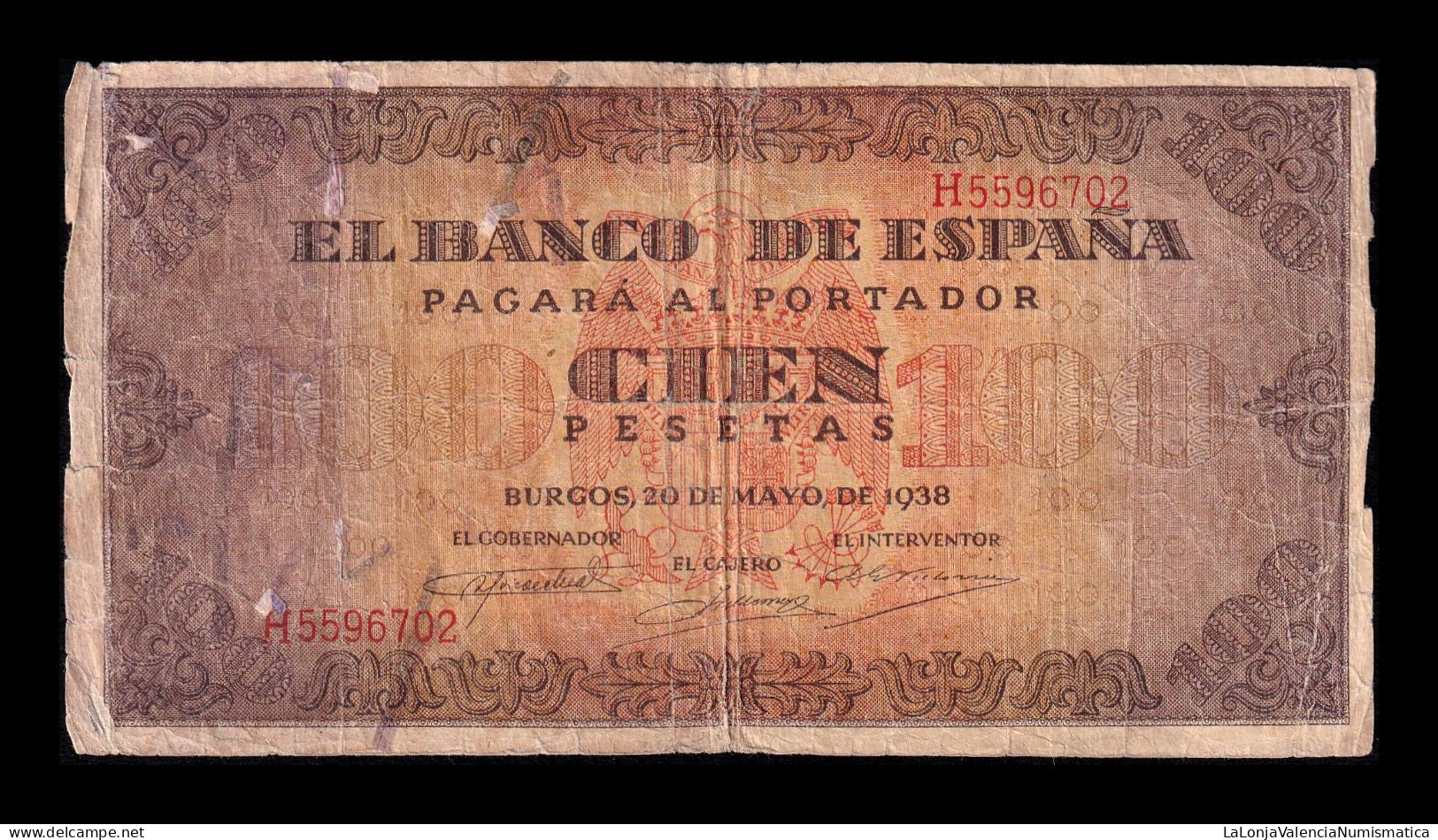 España Spain 100 Pesetas Burgos 1938 Pick 113 Serie H Bc F - 100 Pesetas