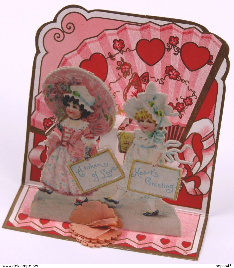 Très Belle Carte à Système Pop-Up.découpis à 2 Volets Verticaux Parallèles.fillettes Valentine Greetings.Saint-Valentin - Enfants