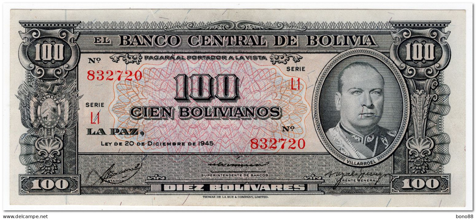 BOLIVIA,100 BOLIVIANOS,L.1945,P.147,AU-UNC - Bolivia