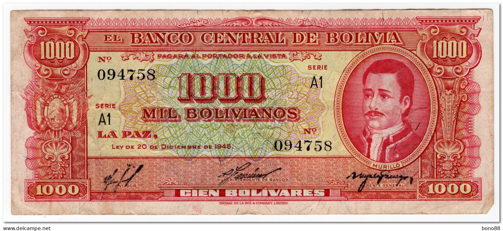 BOLIVIA,1000 BOLIVIANOS,L.1945,P.149,VF - Bolivië