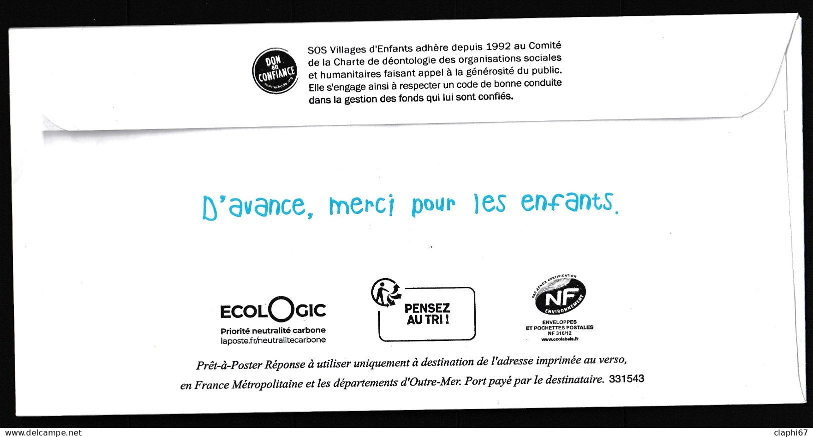 PAP Postréponse Eco Neuf Marianne L'engagée SOS Villages D'enfants (verso 331543) (voir Scan) - Listos A Ser Enviados: Respuesta