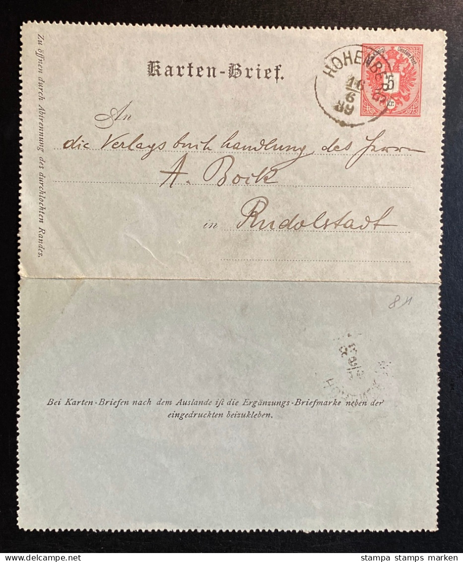 Österreich 1886 - 1918 Kaiserreich Ganzsache Kartenbrief Mi. K Bb Gestempelt/o HOHENBERG - Letter-Cards