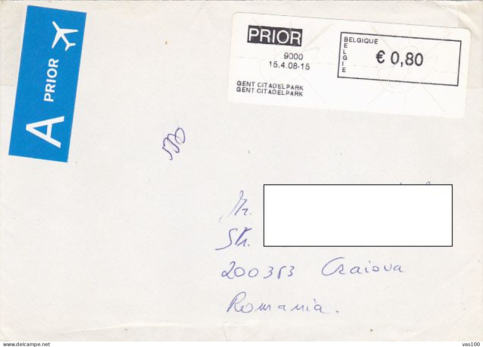 AMOUNT 0.80, GENT, MACHINE PRINTED STICKER STAMP ON COVER, 2008, BELGIUM - Lettres & Documents