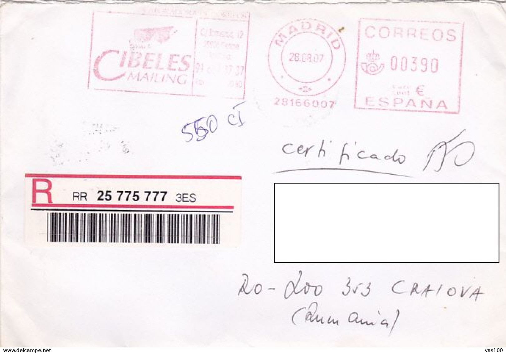 AMOUNT 3.90, MADRID, CIBELES MAILING, RED MACHINE STAMPS ON REGISTERED COVER, 2007, SPAIN - Brieven En Documenten