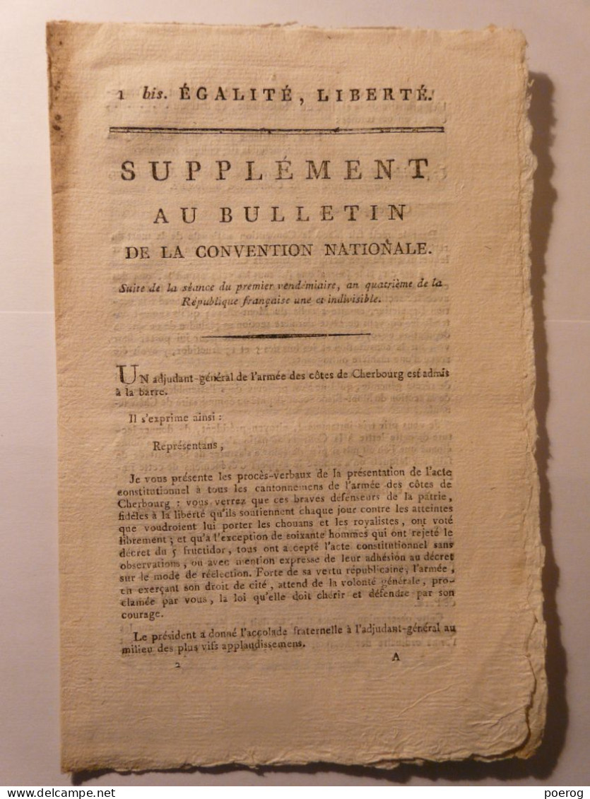 SUPPLEMENT BULLETIN CONVENTION NATIONALE 1795 PALAIS DES TUILERIES CONSEIL ANCIENS ARMEE COTE DE CHERBOURG PRISES MARINE - Wetten & Decreten