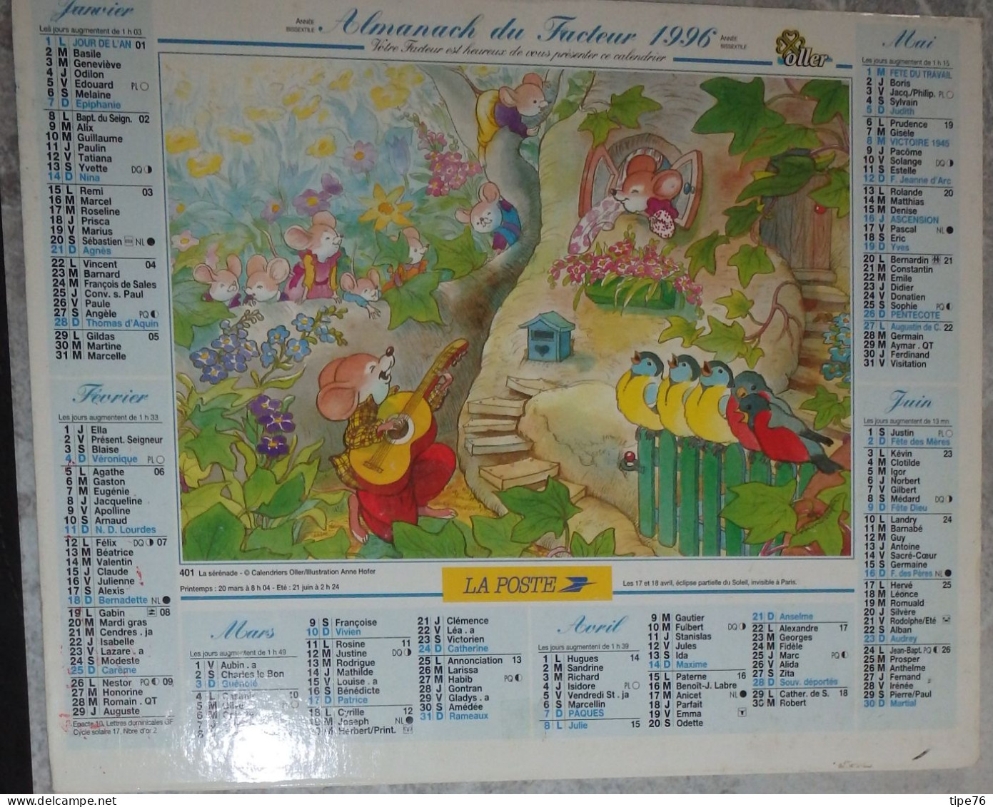 Calendrier Almanach Facteur 1996 Illustration Anne Hofer La Sérénade La Noce Souris Oisean - Oller - Maine Et Loire - Groot Formaat: 1981-90