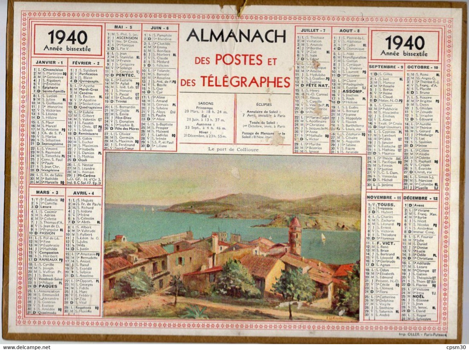 CALENDRIER GF 1940 - Le Port De Collioure, Dessin De K. V. Rinaldi, Imprimeur Oller Puteaux - Groot Formaat: 1921-40