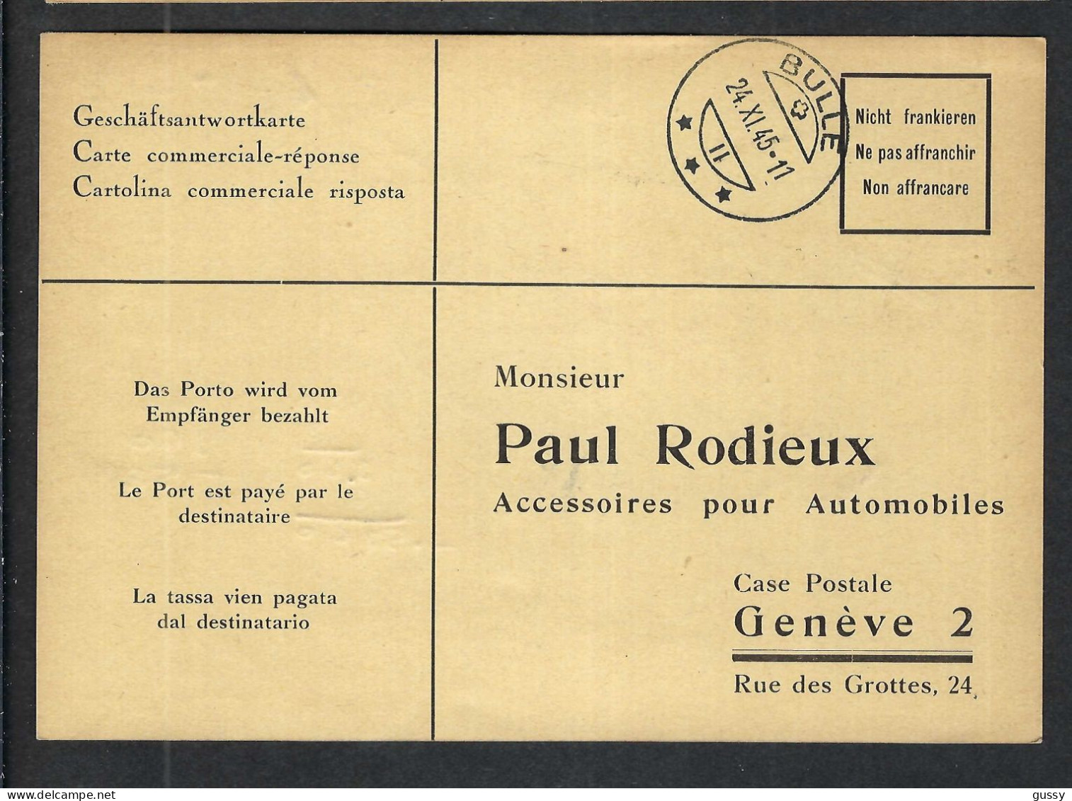 SUISSE 1945: CP Commerciale-Réponse En PP Par Destinataire De Bulle (FR) Pour Genève - Portofreiheit