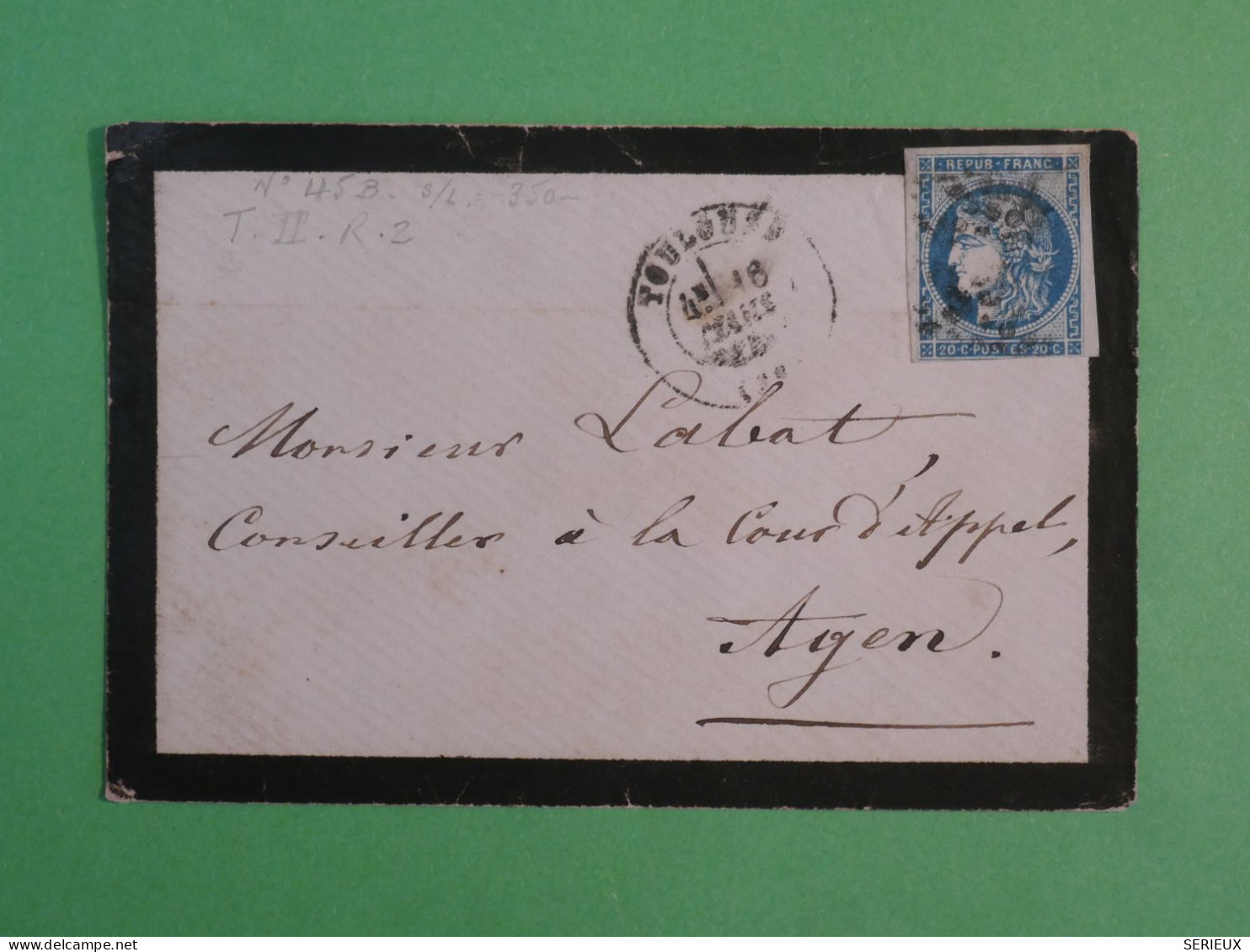 BX10 FRANCE  BELLE LETTRE  1852   TOULOUSE  A AGEN +EMISSION DE BORDEAUX N°  45 B   +AFF. INTERESSANT +++ + - 1870 Uitgave Van Bordeaux