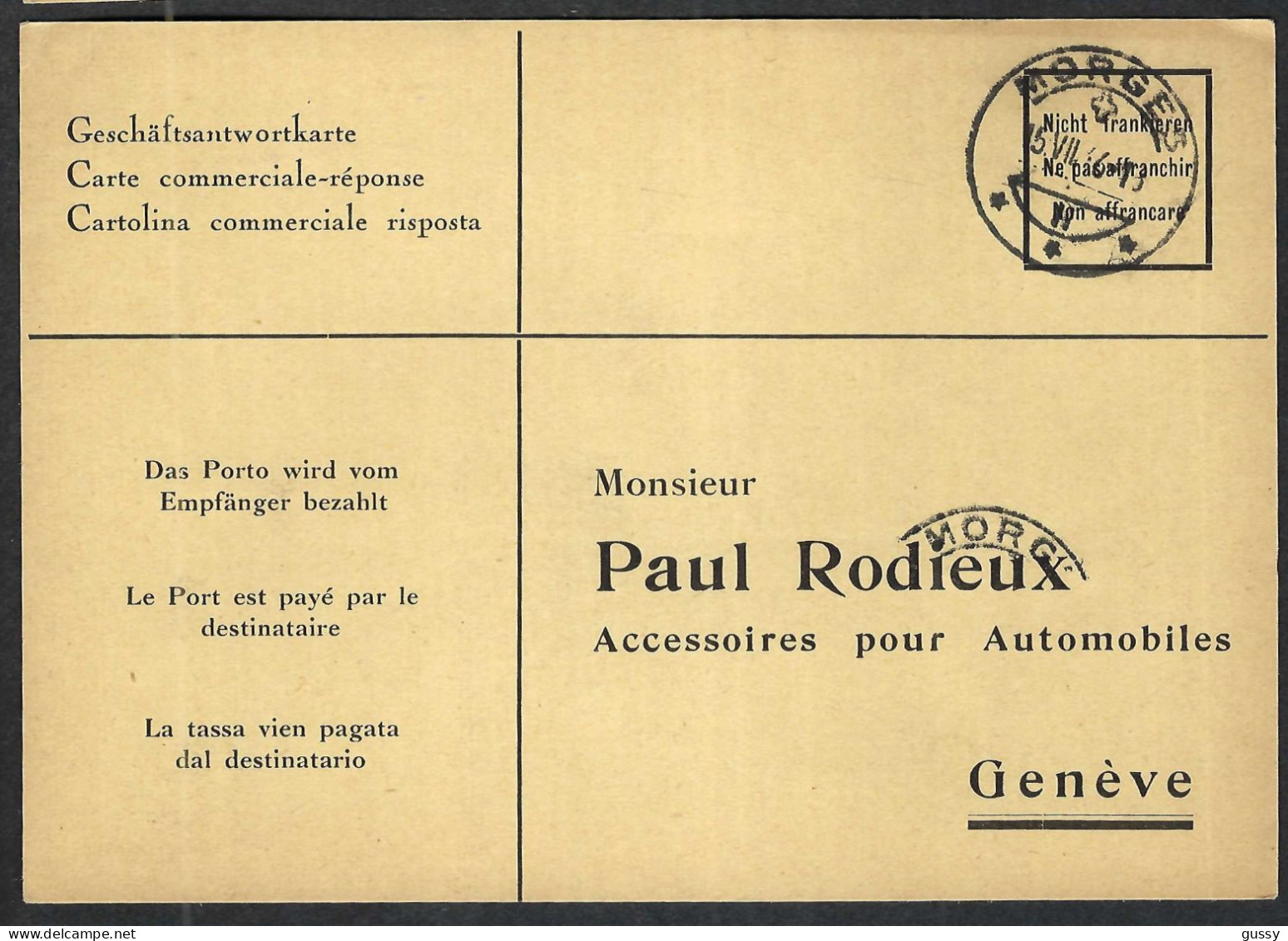 SUISSE 1946: CP Commerciale-Réponse En PP Par Destinataire De Morges (VD) Pour Genève - Franchigia