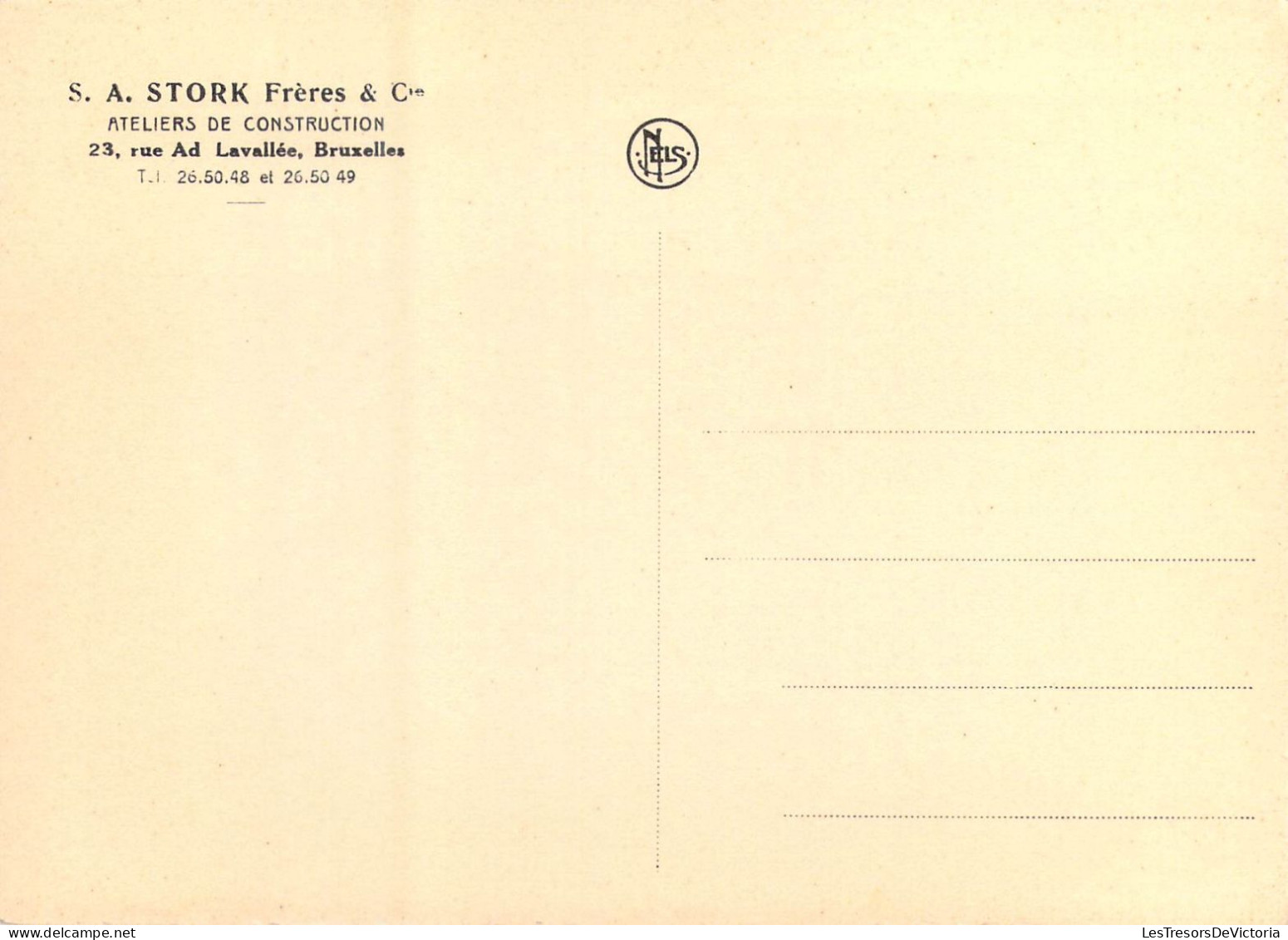 PUBLICITES - S.A. Stork Frères & Cie - Ateliers De Construction - 23 Rue Ad. Lavallée Bruxelles - Carte Postale Ancienne - Werbepostkarten