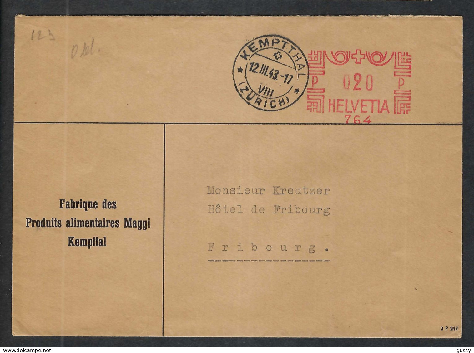 SUISSE 1943: LSC De Kemptthal (ZH) Pour Fribourg (FR), Affr. Méca. De 0,20F - Postage Meters