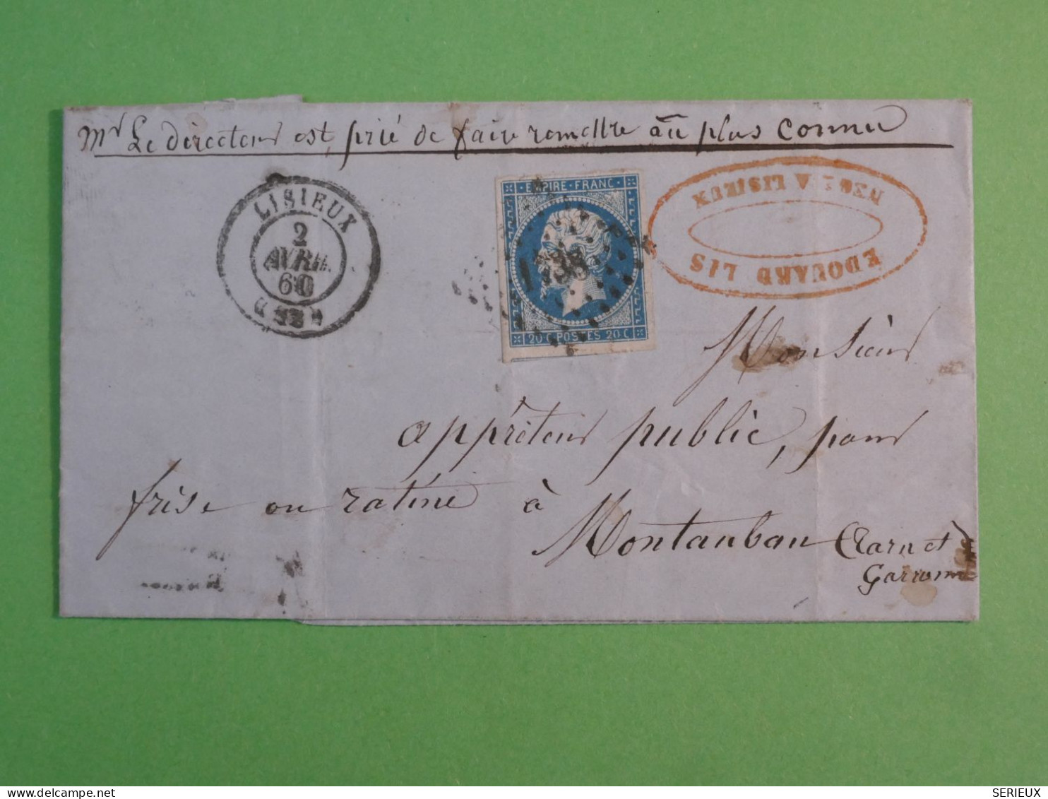 BX10 FRANCE  BELLE LETTRE  CURIOSITé " A REMETTRE AU + CONNU 1860 LISIEUX A MONTAUBAN +  +N°14   +AFF. INTERESSANT + + - 1853-1860 Napoléon III.