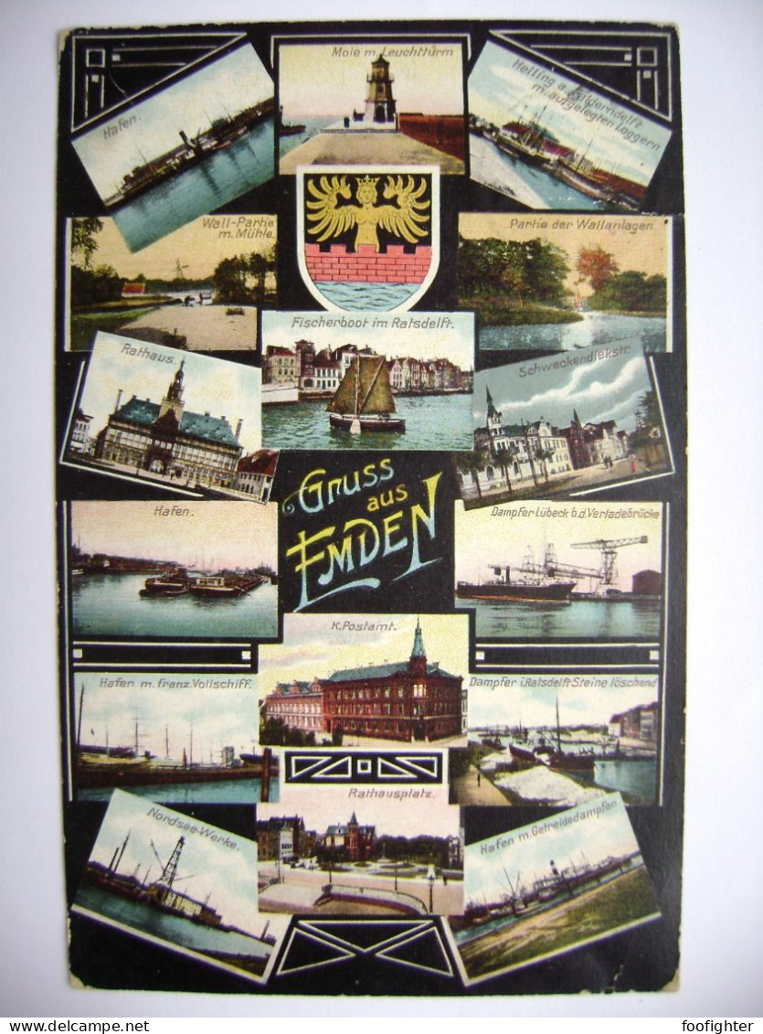 EMDEN: Hafen, Schiffe, Dampfer, Nordsee-Werke, Wall-Partie M. Windmühle, Leuchtturm, Postamt, Schweckendiek Str., Wappen - Emden