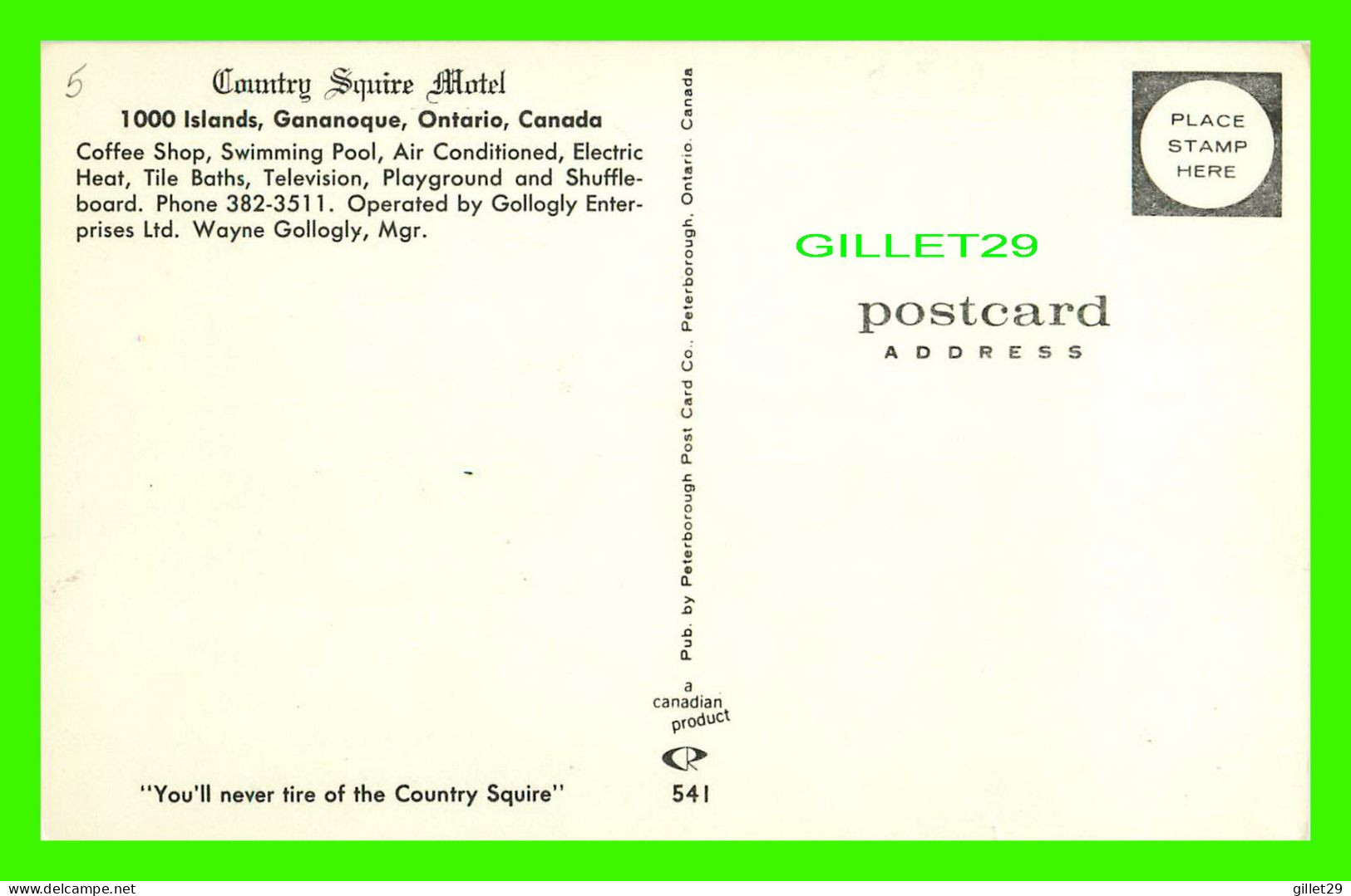GANANOQUE, ONTARIO - COUNTRY SQUIRE MOTEL -  PUB. BY PETERBOROUGH POST CARD CO - - Gananoque
