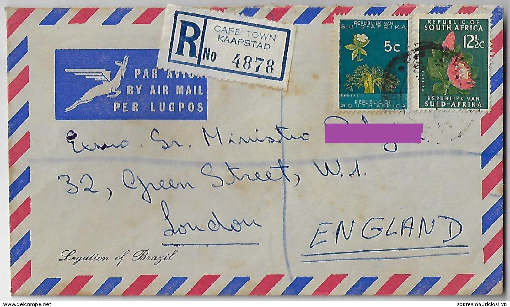 South Africa 1966 Brazilian Legation registered Airmail Cover Cape Town - London Great Britain Stamp Flower Baoba Protea - Brieven En Documenten