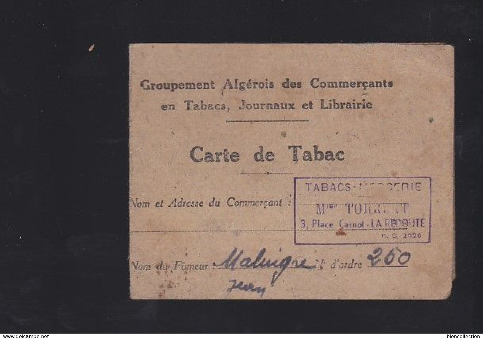 Carte De Tabac Du Groupement Algérois Des Commerçants En Tabac Journaux Et Librairie - Documenti