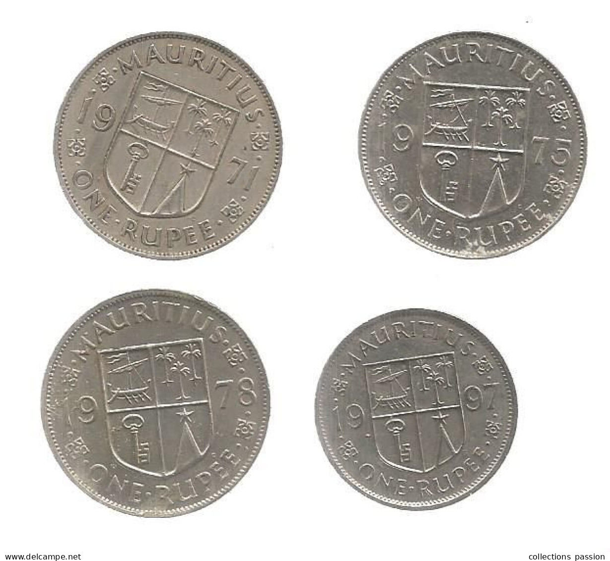 Monnaie, MAURITIUS, MAURICE , One Rupee X 4 , 1971, 1975, 1978, 1997, LOT DE 4 MONNAIES - Mauricio