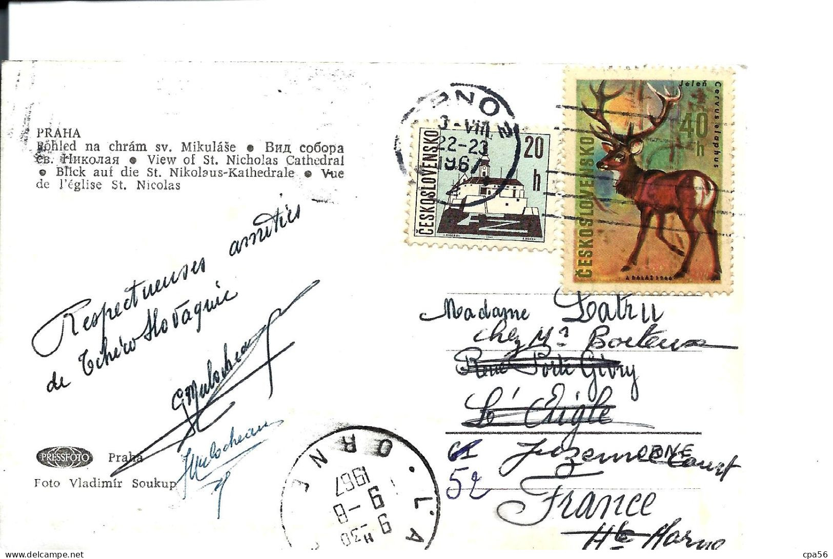 2 Stamps  CESKOSLOVENSKO - PRAHA Postcard 1967 - Thématique Animaux CERF - Cartas & Documentos