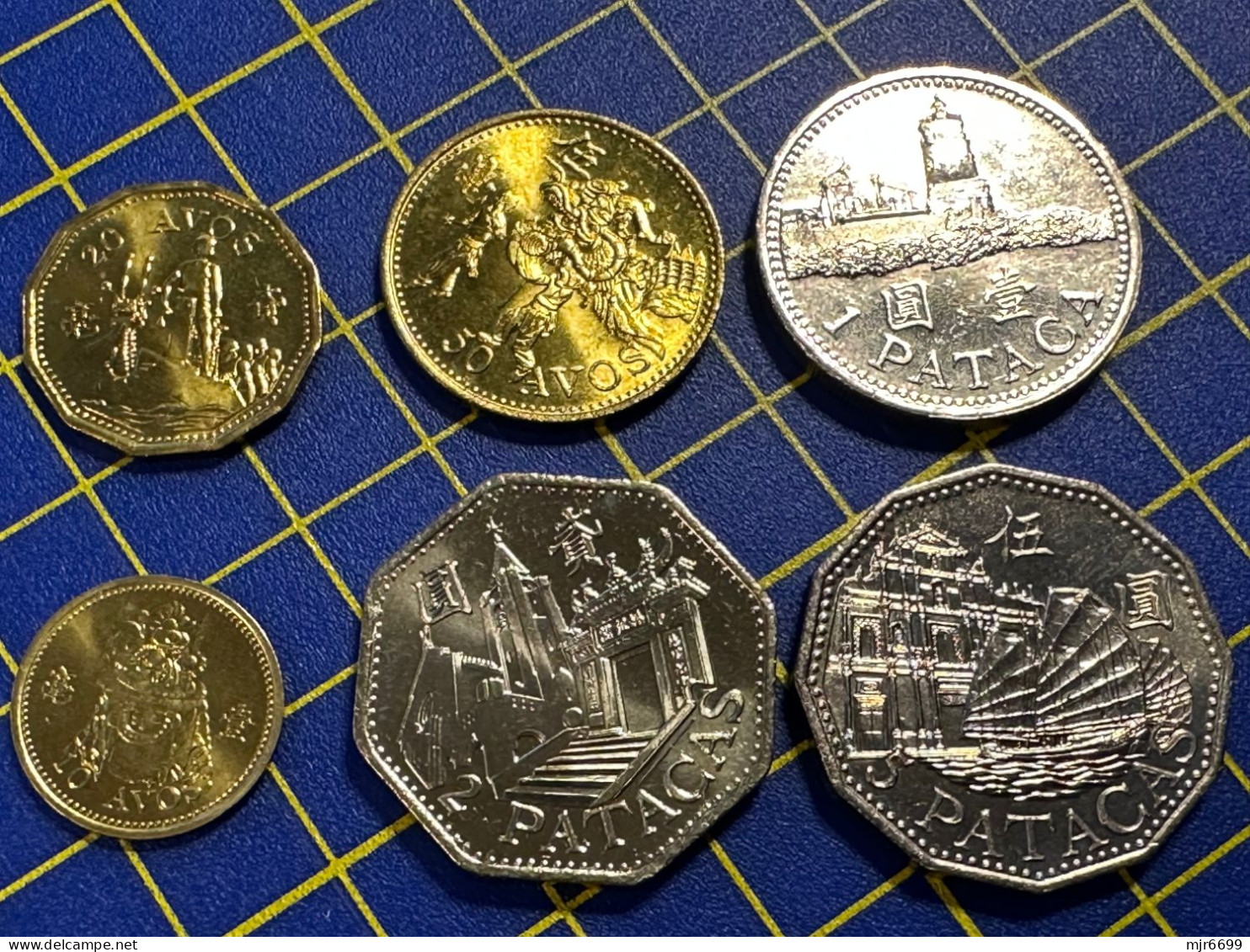 MACAU FIRST ISSUE COINS COLLECTION OF 1993/10A+20A+50A; 1992/1P+5P; & 1998/2P, ALL ALMOST UNC
