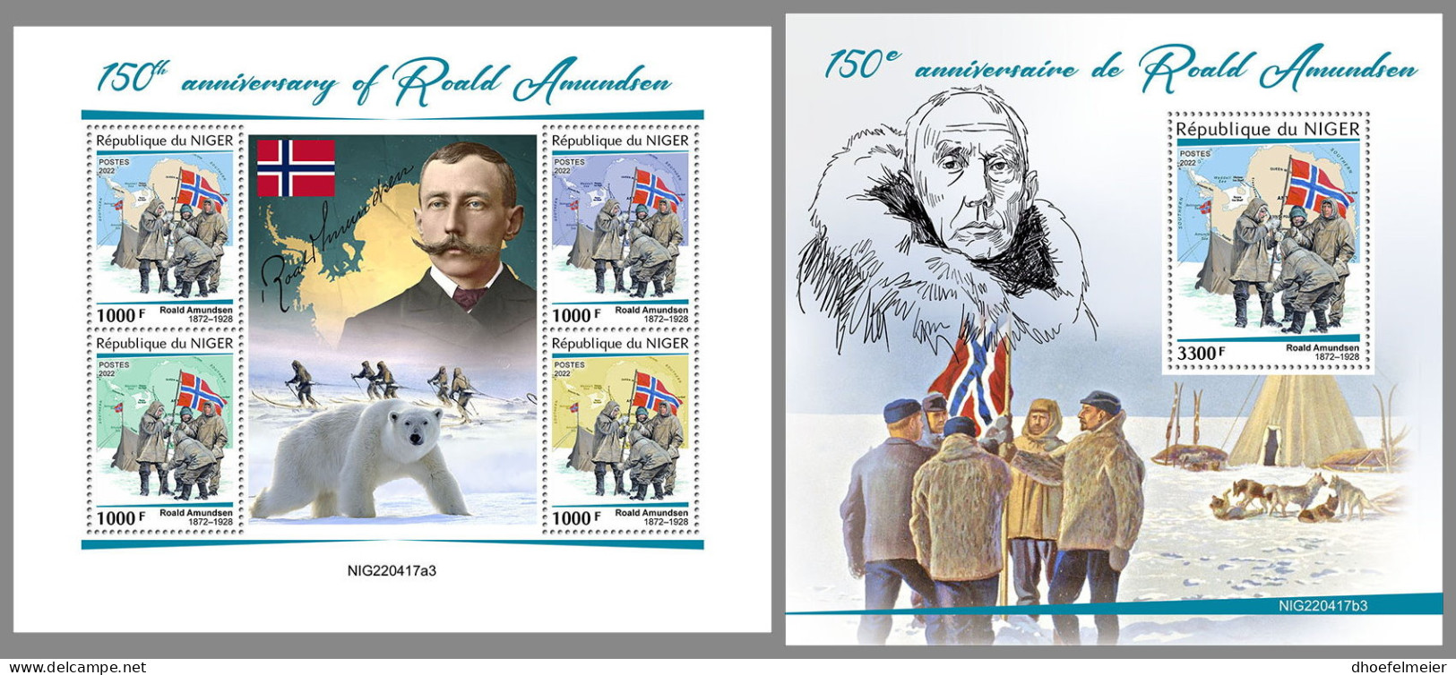 NIGER 2022 MNH Roald Amundsen M/S+S/S - IMPERFORATED - DHQ2331 - Polar Explorers & Famous People