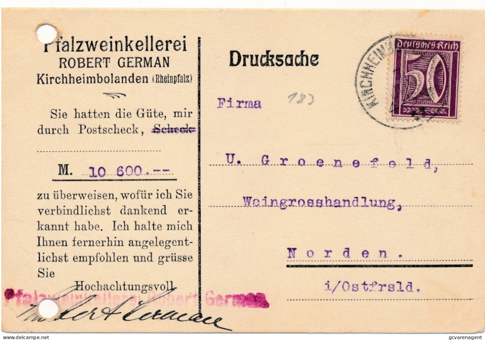 FIRMENKARTE   KIRCHHEIMBOLANDEN = PFALZWEINKELLEREI  - ROBERT GERMAN        1922     2 SCANS - Kirchheimbolanden