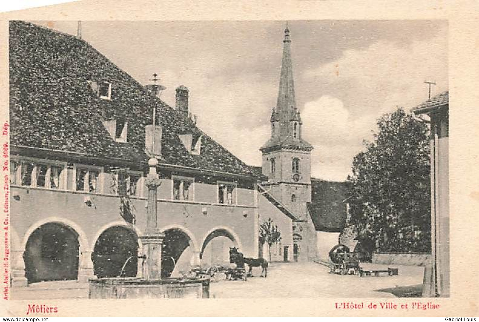 Môtiers L'Hôtel De Ville Et L'Eglise Chevaux Attelage Fontaine - Môtiers 