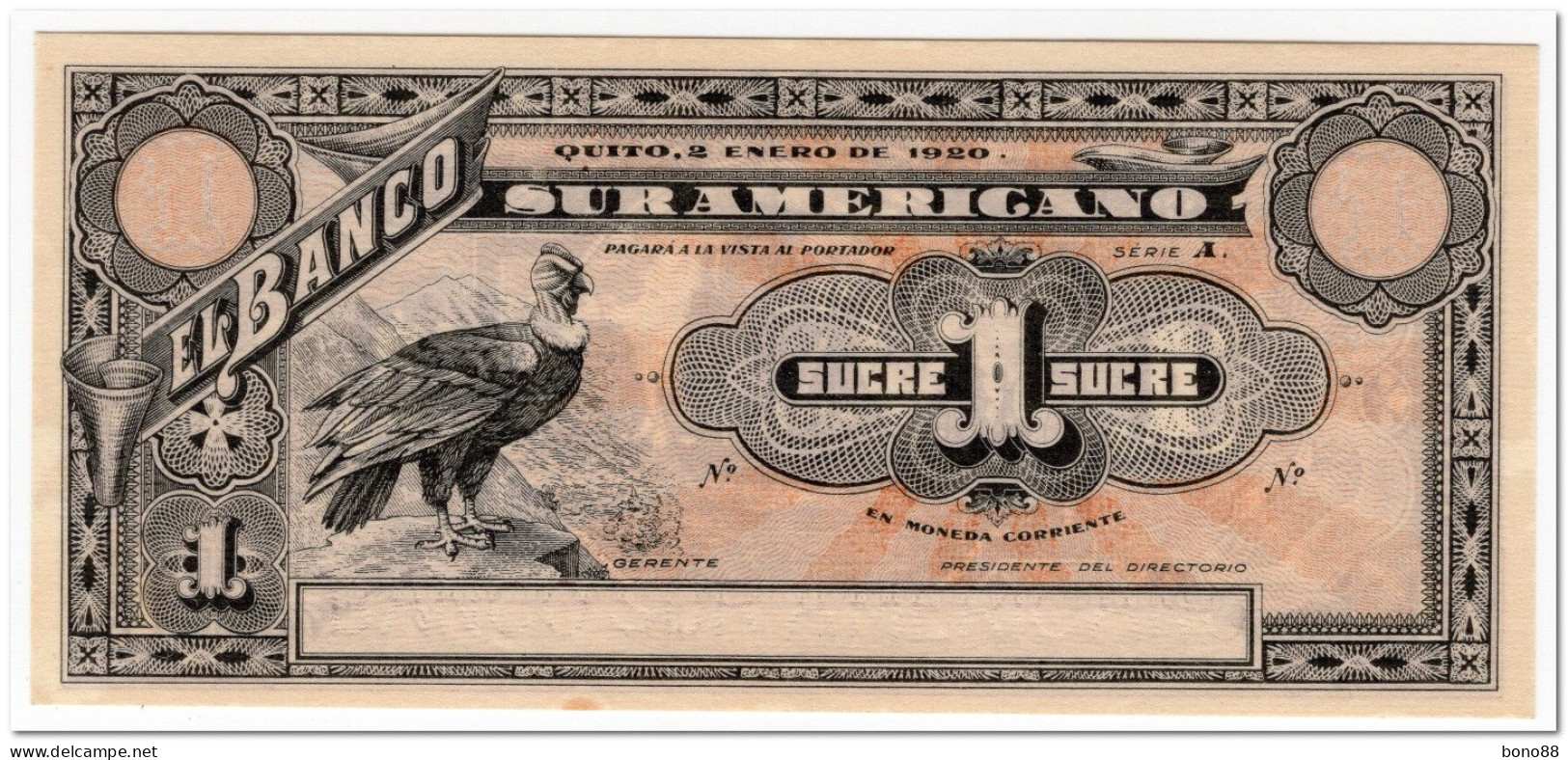 ECUADOR,BANCO SUR AMERICANO,1 SUCRE,1920,P.251,AU-UNC - Ecuador