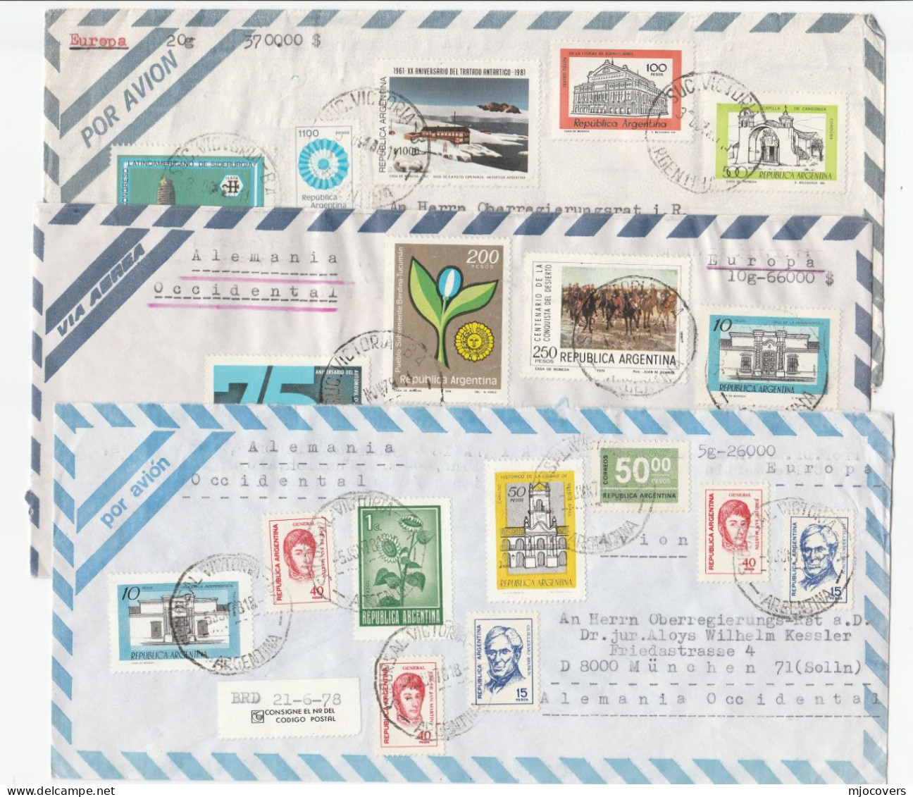 3 1970s  ARGENTINA COVERS Many Stamps  To Germany Cover Air Mail - Collections, Lots & Séries