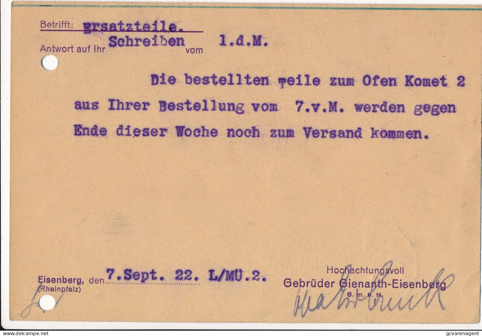 FIRMENKARTE   EISENBERG = GEBRÜDER GIENANTH  EISENBERG - EISEN- UND STAHLGIEGEREI      2 SCANS - Eisenberg