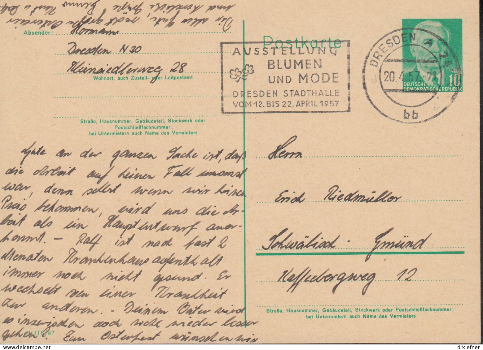 DDR  P 68 A,  Gebraucht, Stempel: Dresden 20.4.1957 - Postales - Usados