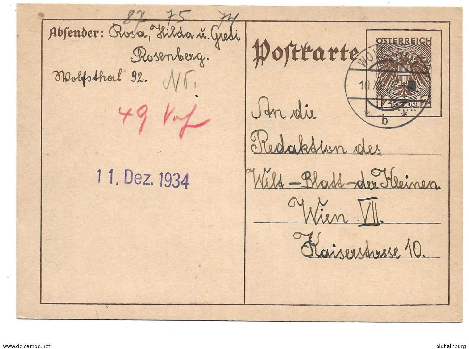 0439h: Postkarte 10.XII.1934 Wolfsthal Nach Wien, Text: Heiliger Nikolaus - Bad Deutsch-Altenburg