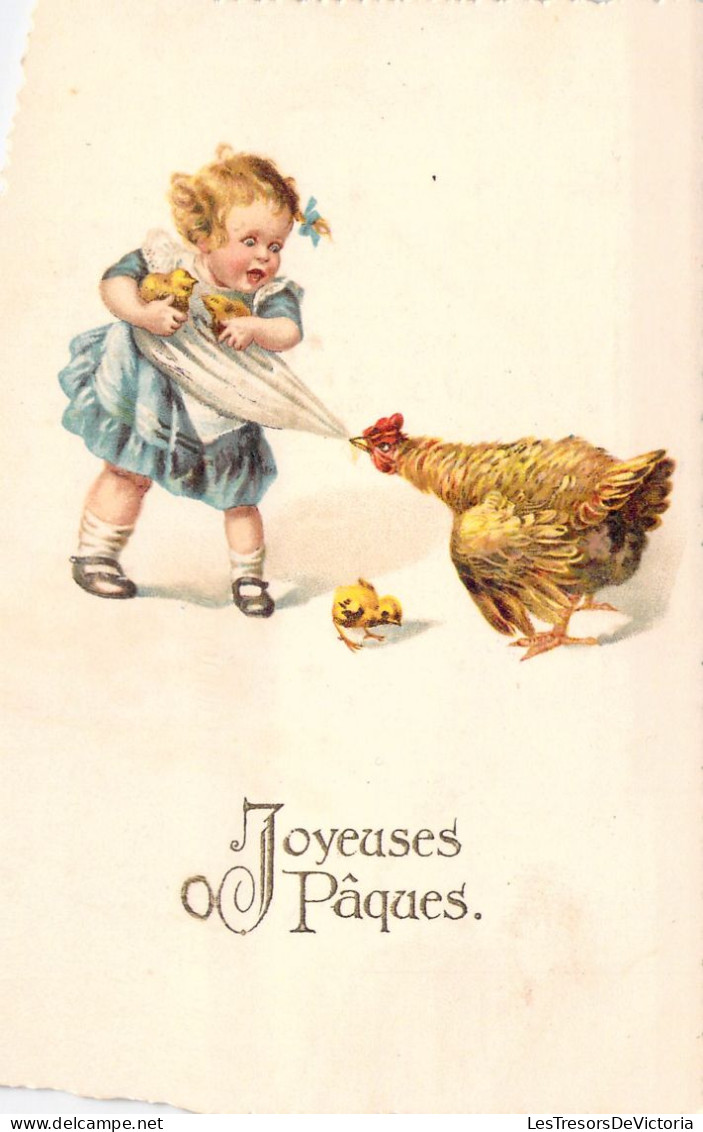 PAQUES - Poule Tire Sur La Robe D'une Petite Fille - Carte Postale Ancienne - Ostern