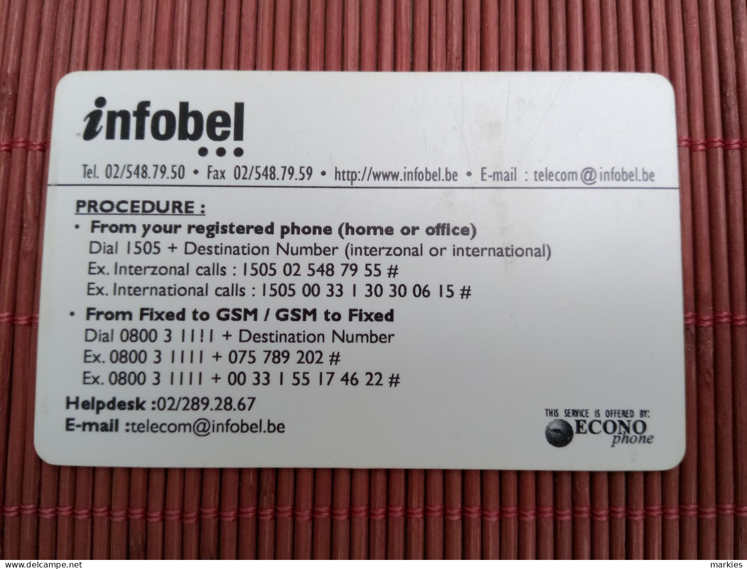 Econo Phone Belgium Used 2 Photos Very Rare - [2] Prepaid & Refill Cards