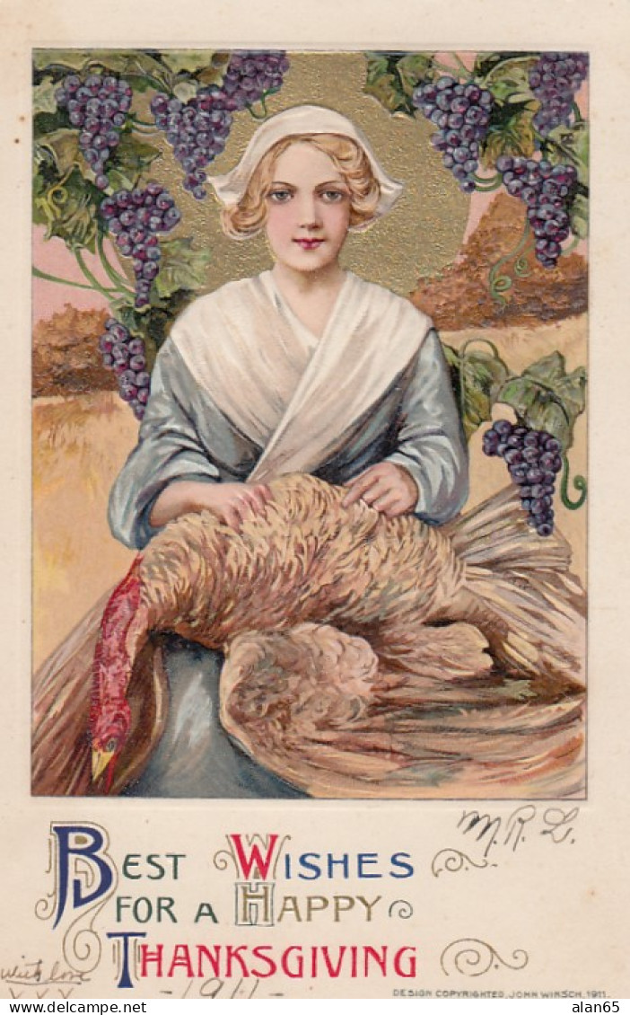 Schmucker Happy Thanksgiving, Woman With Turkey, C1910s Vintage Embossed Postcard - Thanksgiving