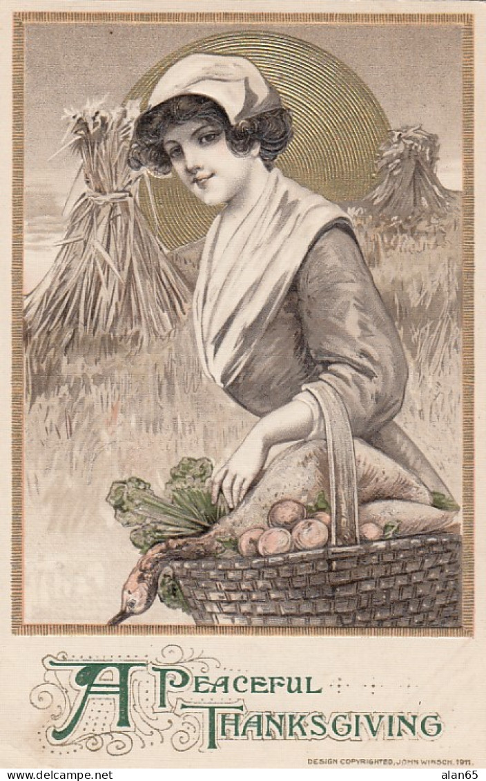 Schmucker Peaceful Thanksgiving, Woman Carries Basket, C1910s Vintage Embossed Postcard - Giorno Del Ringraziamento