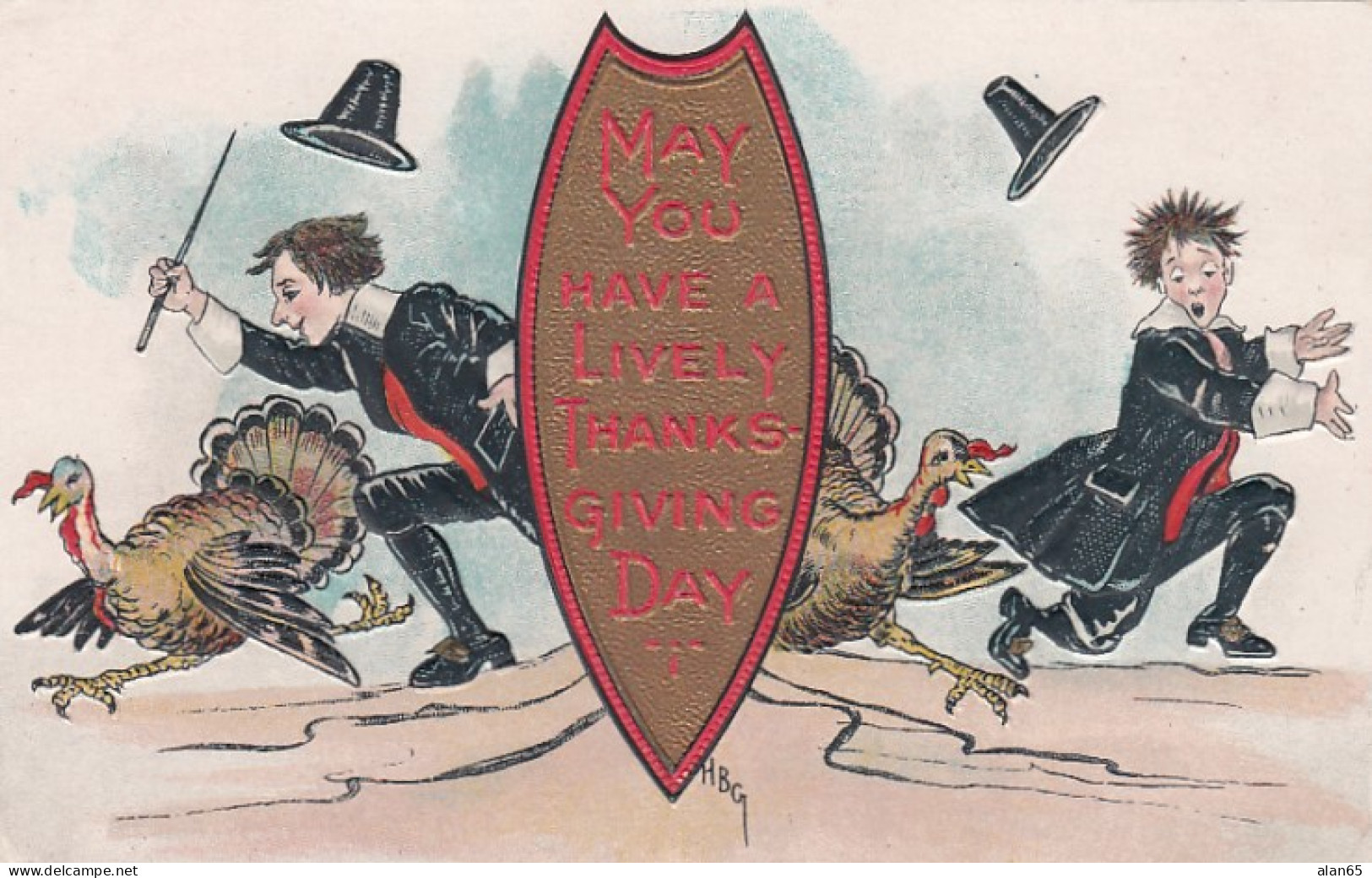H.B. Griggs Artist  Signed Thanksgiving Greetings, Men With Turkeys, C1900s Vintage Embossed Postcard - Thanksgiving