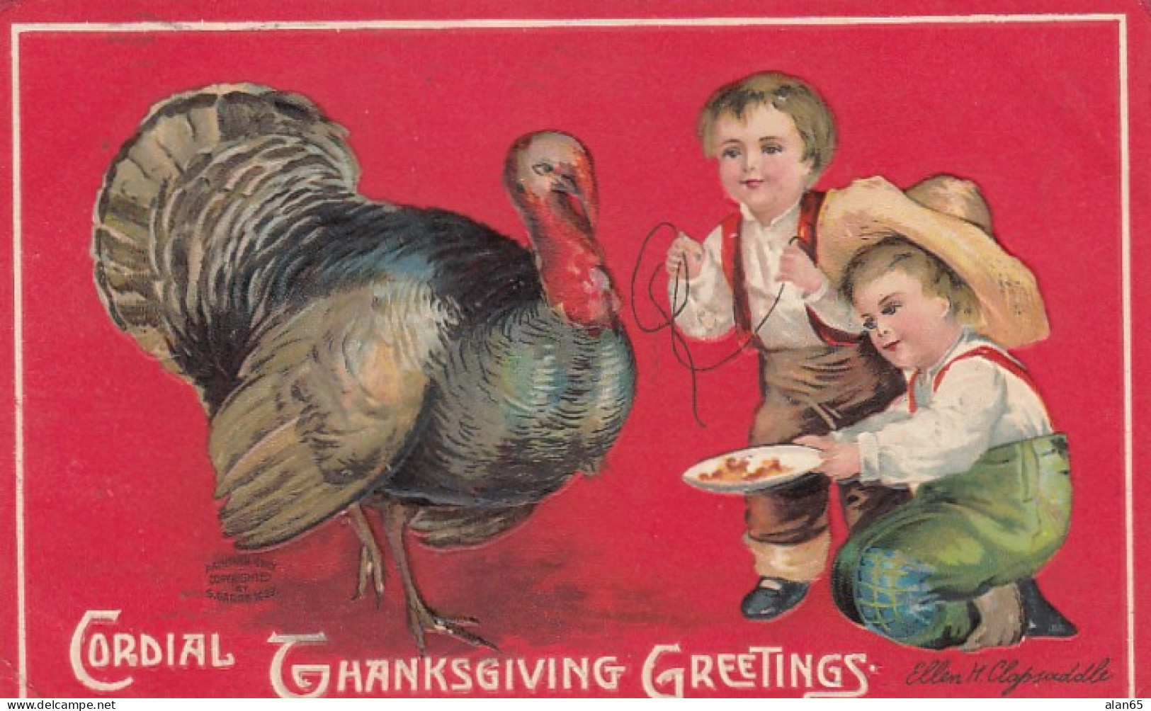 Clapsaddle Artist Signed Thanksgiving Greetings, Boys With Turkey, C1900s Vintage Embossed Postcard - Giorno Del Ringraziamento