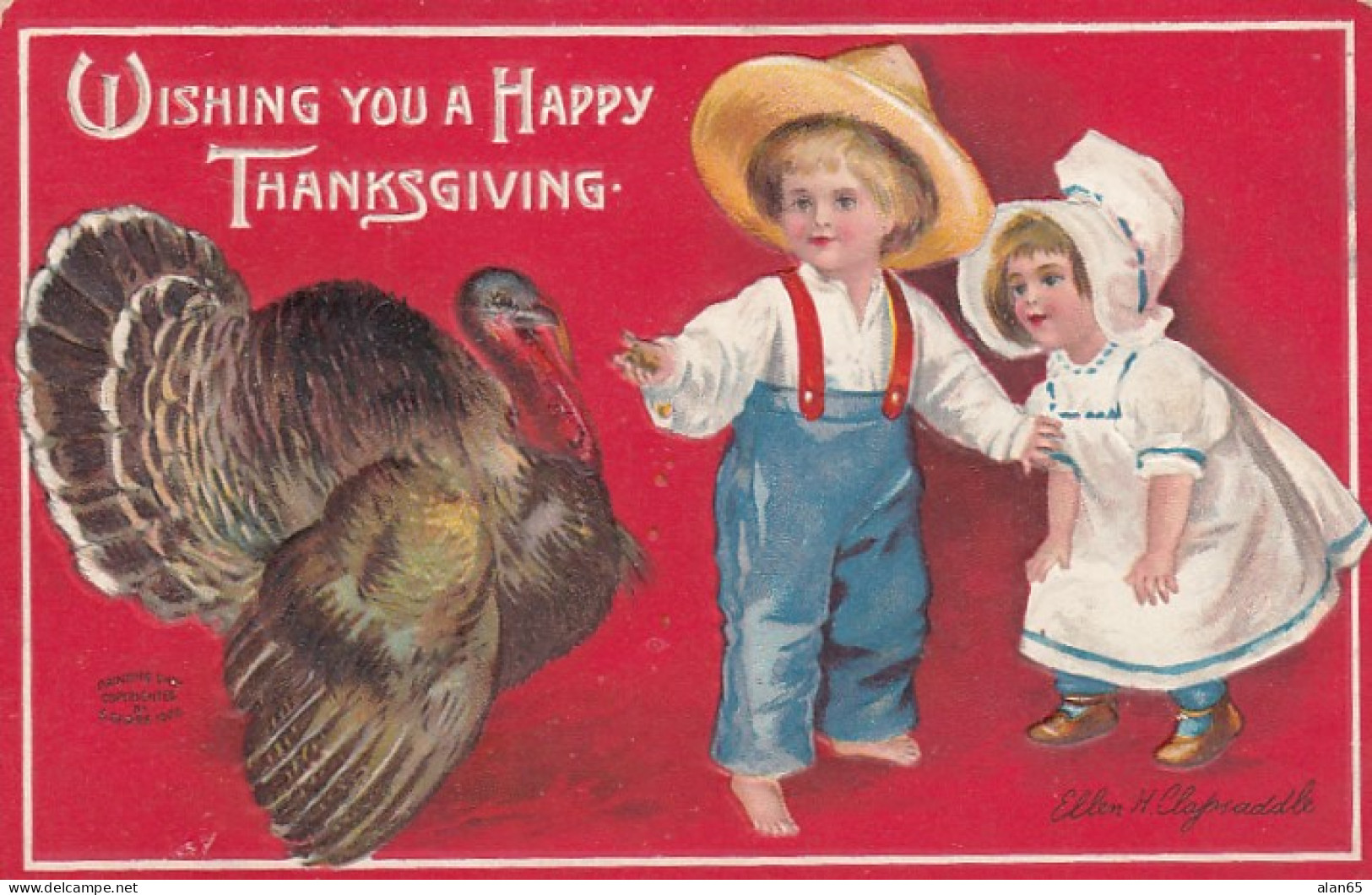 Clapsaddle Artist Signed Thanksgiving Greetings, Boy And Girl With Turkey, C1900s Vintage Embossed Postcard - Giorno Del Ringraziamento