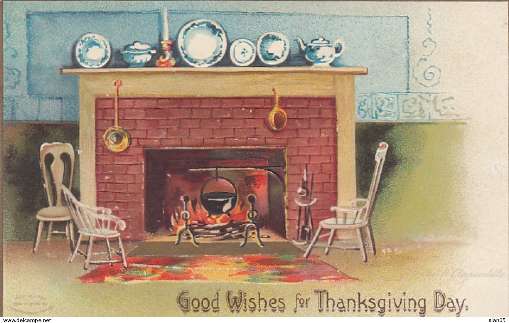 Clapsaddle Artist Signed Thanksgiving Greetings, Fireplace Hearth Scene, C1900s Vintage Embossed Postcard - Thanksgiving