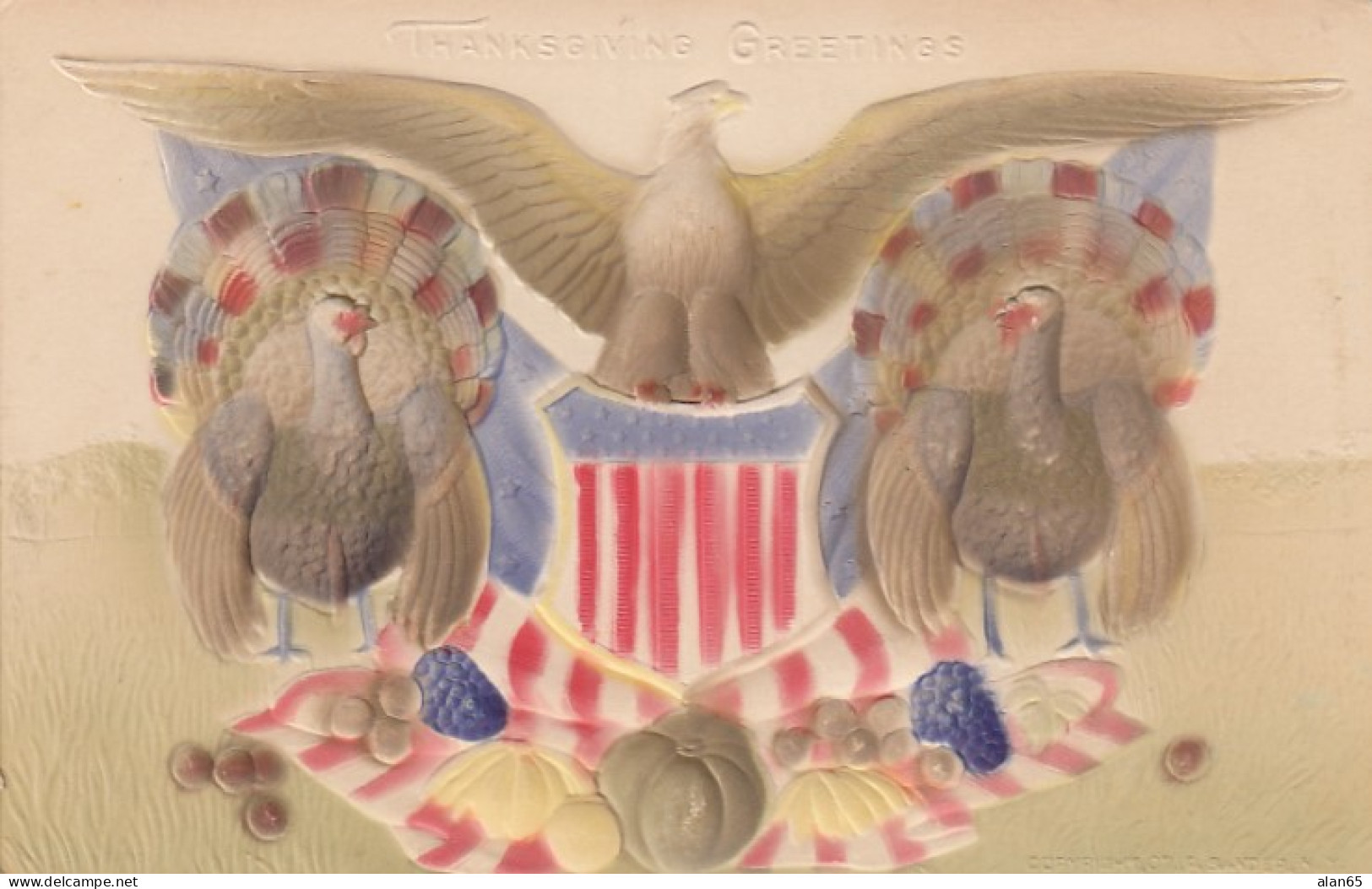 Thanksgiving Greetings, Patriotic Theme, Eagle Emblem, Turkeys And Fall Vegetables, C1900s Vintage Embossed Postcard - Giorno Del Ringraziamento