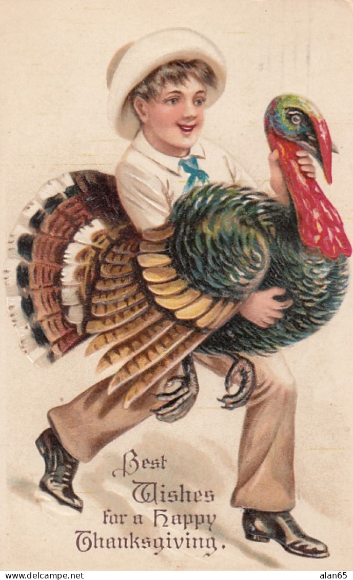 Thanksgiving Greetings, Boy Carries Turkey, C1910s Vintage Embossed Postcard - Thanksgiving