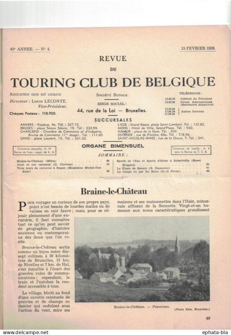 Touring Club De Belgique. 1939. Braine-le-Château, Alost Son Carnaval, Eupen, Robertville, Phare De Sanary - Buchhaltung/Verwaltung