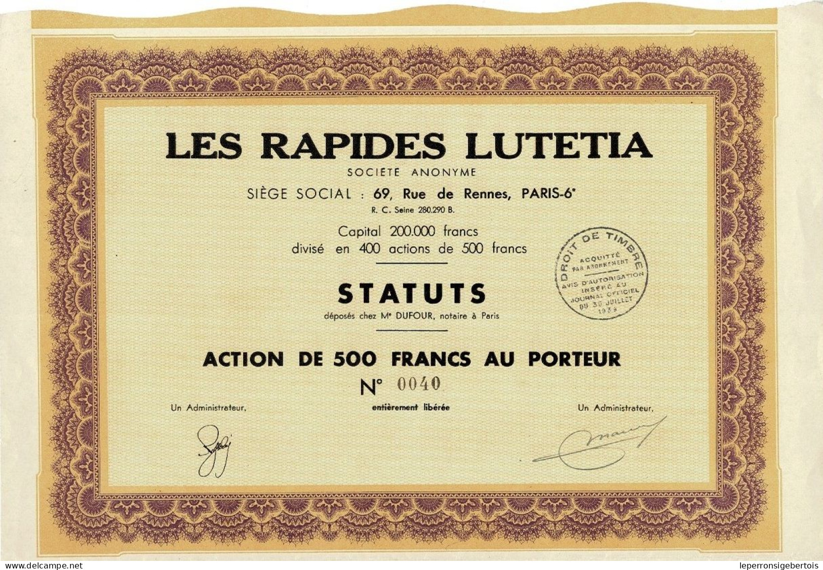 Titre De 1939 - Les Rapides Lutecia - - Transportmiddelen